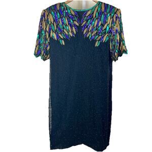 Vintage 80s Laurence Kazar Silk Sequin Beaded Dress Womens Plus Size 1X Peacock
